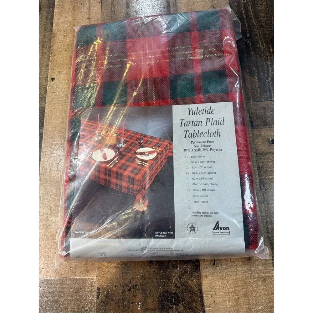 VTG Avon Yuletide Tartan Plaid Christmas Tablecloth 60x84 Oblong Holiday NOS NIP
